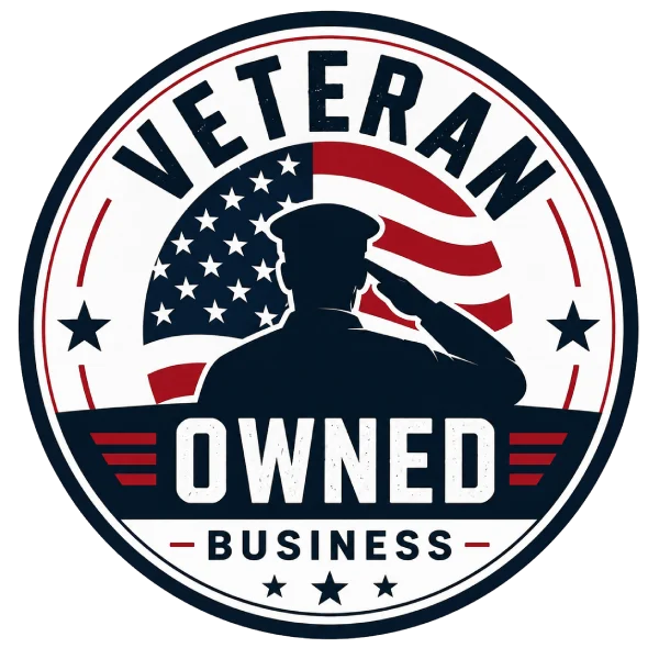 Veteran Owned Business badge with American flag and saluting veteran