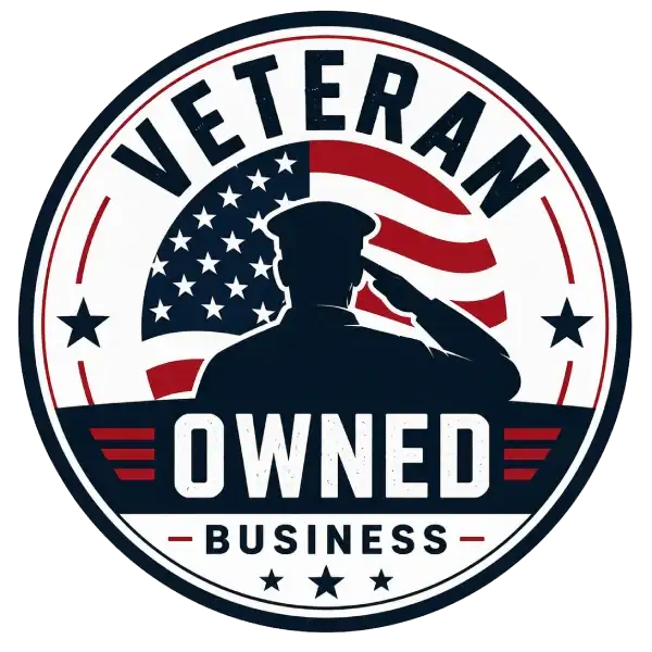 Veteran Owned Business badge with American flag and saluting veteran